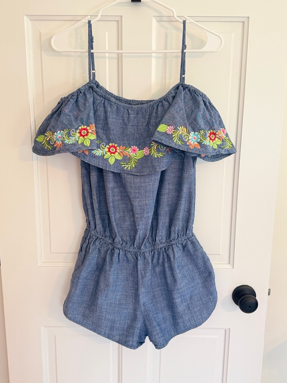 Macbeth Collection Chambray Embroidered Off Shoulder Romper Medium